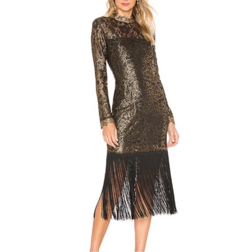 NWT Rachel Zoe Black and Gold Fringe Dress
